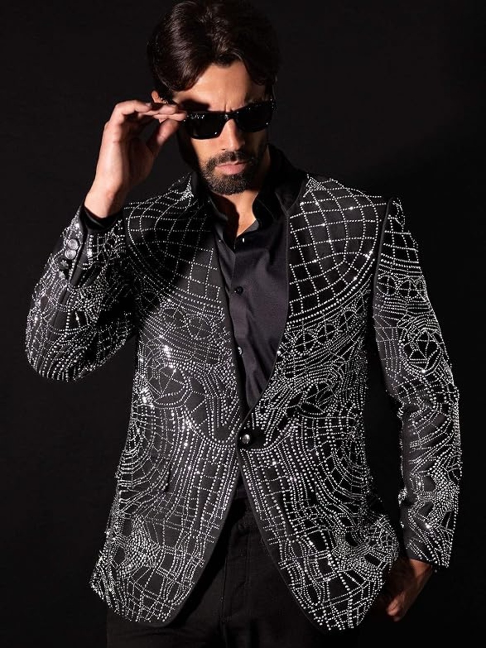 BARABAS Dignified Mod Rhinestone Luxury Blazer Jacket Black Silver 38R 3BLR14 Nw